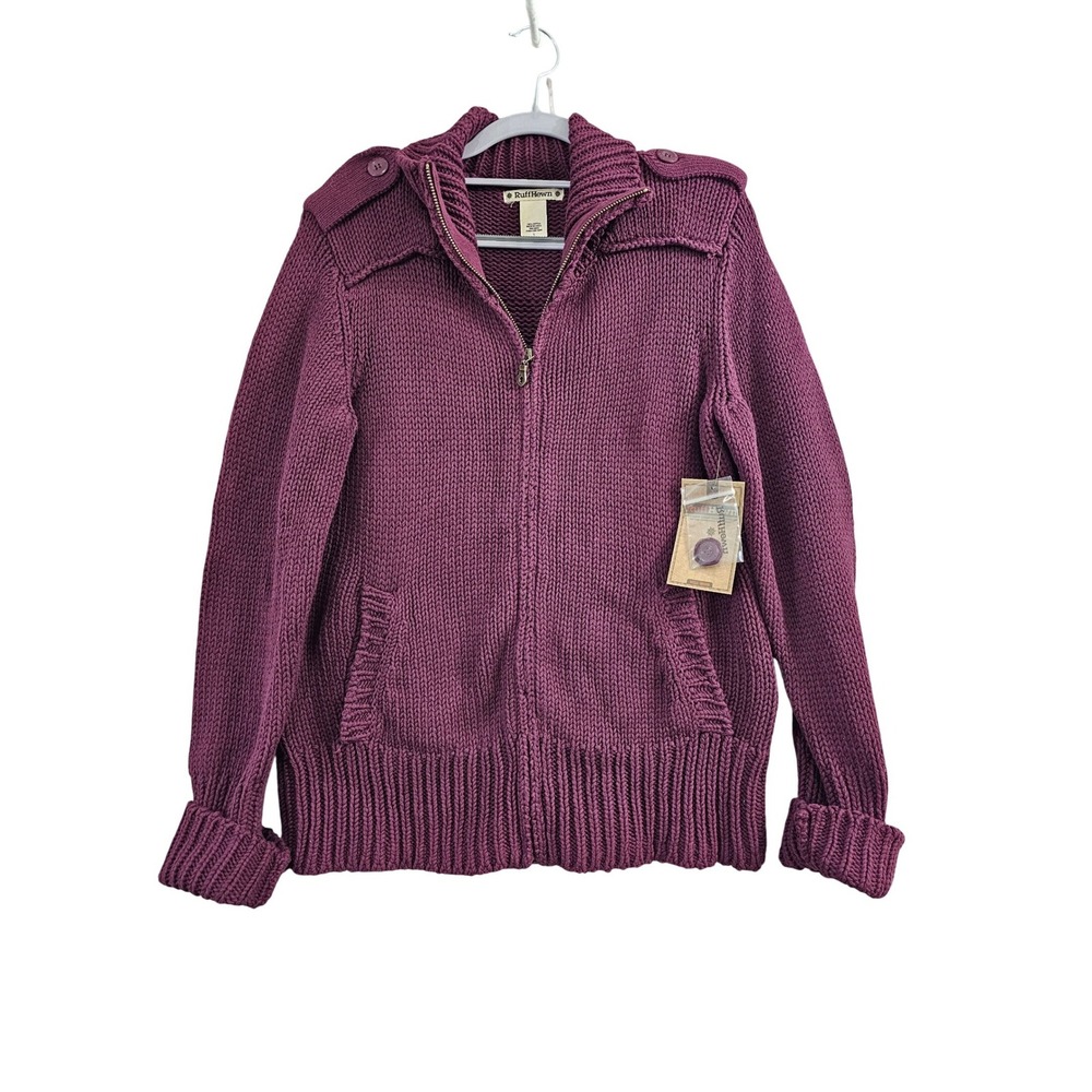 RuffHewn Cardigan Sweater Size L Purple Solid‎ Full Zip Cotton Epaulettes Chunky